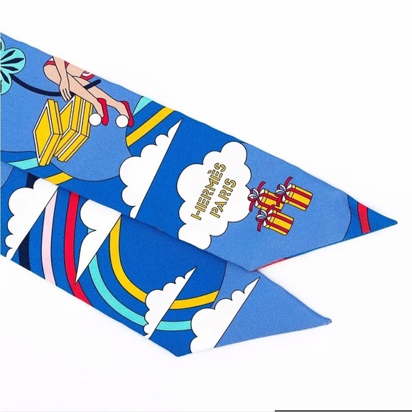 NWT Hermes le Carres Volantes silk twilly ribbon scarf Blue White Yellow